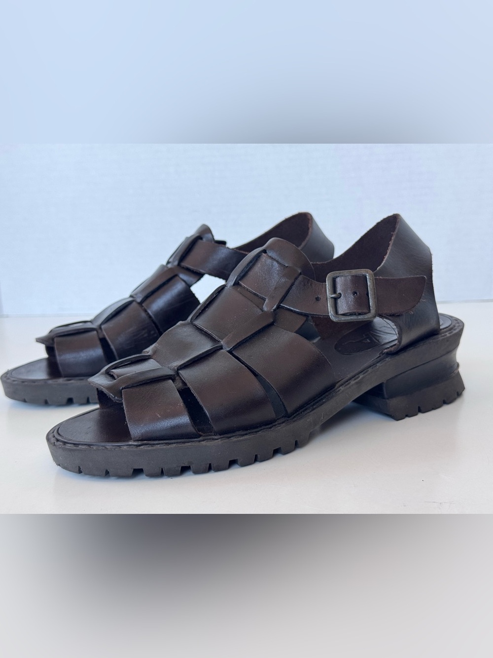 Vintage 90s MIA Y2K Brown Leather Fisherman Sandals Strappy Chunky Platform Shoe - Picture 5 of 10